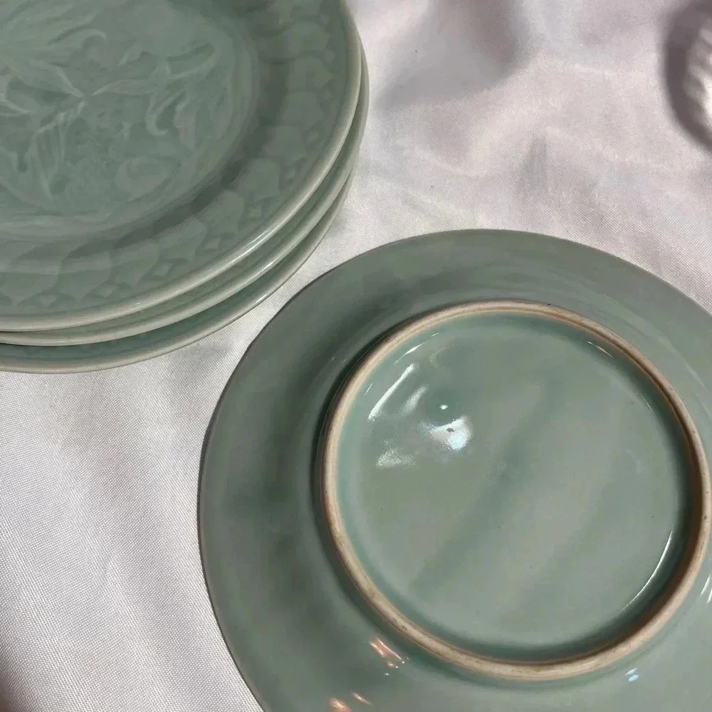Vintage Celadon Seafoam Ceramic Koi Salad Plates